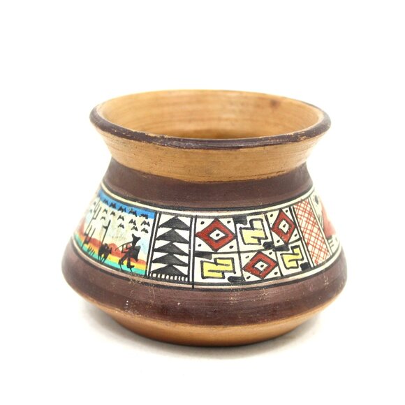 PERUVIAN POTTERY HANDPAINTED 2.5" GEOMETRIC INCA DESIGN SEED POT VINTAGE - Picture 1 of 8